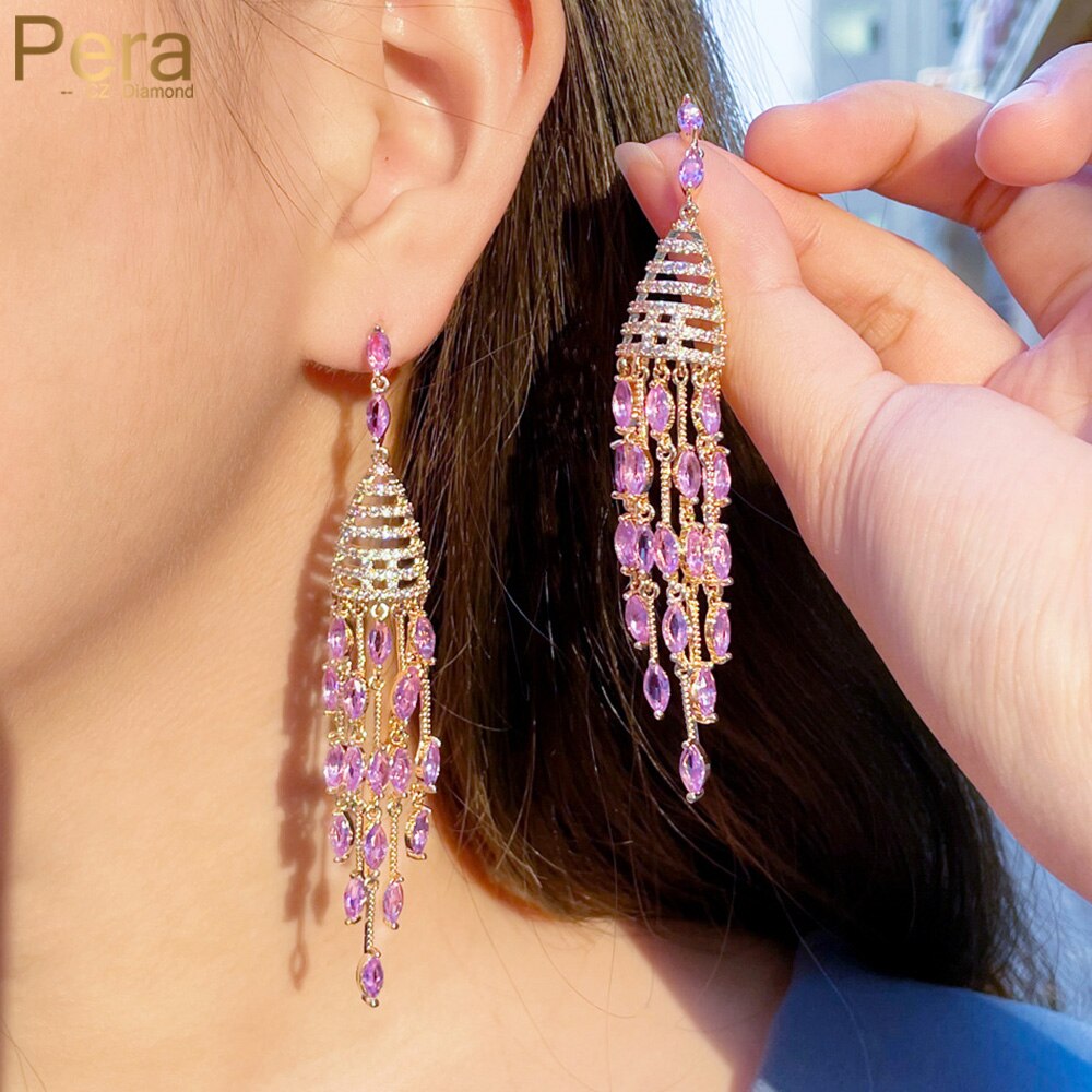 【送料無料】 】 ピアス 紫 パープル ジルコニア ゴールド ドロップ インド ロング 揺れる レディース 女性 気質 CZ ジルコン ライト カラー フリンジ 風 ウィンド チャイム ダングル ジュエリー アクセサリー