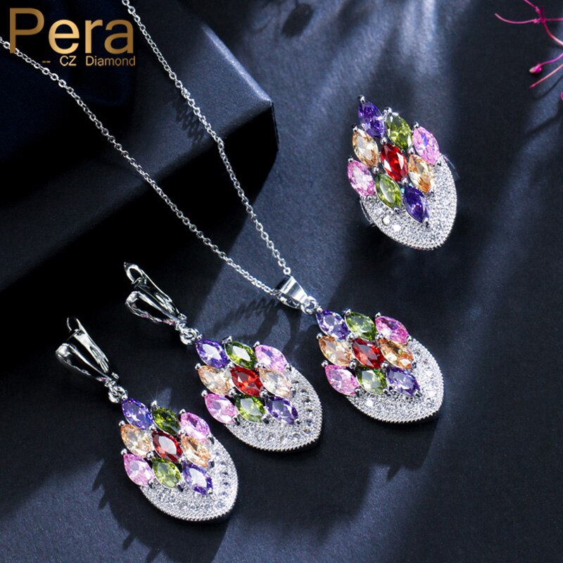 【送料無料】 】 ピアス ネックレス 花 フラワー ジルコニア ピック レディース 女性 ファッション 3 個 大 マルチ カラー エレガント プロム コスチューム パーティ キュービック ジルコン ジュエリー セット
