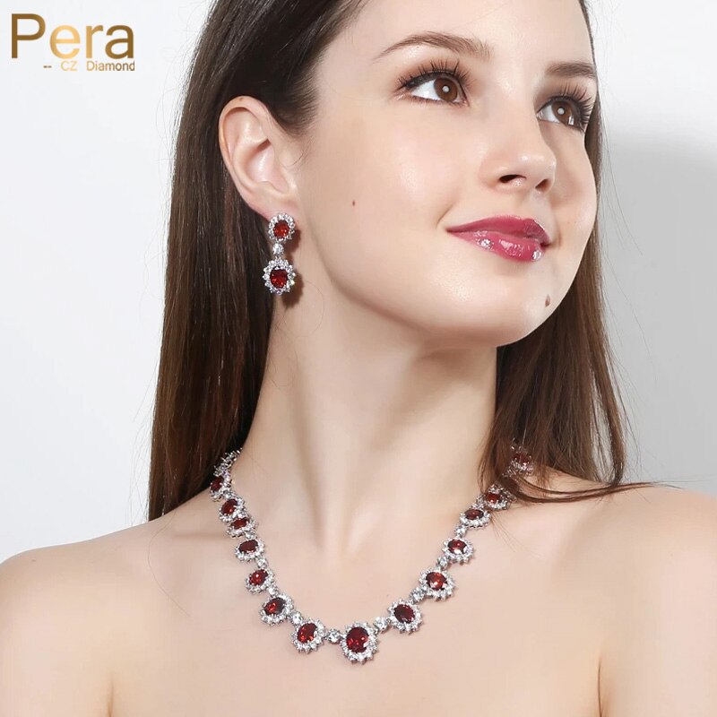 【送料無料】 】 ピアス ネックレス 花 フラワー ジルコニア 赤 レッド ピック レディース 女性 CZ クラシック セット ギフト 大 接続 キュービック ジルコン 婚約 ジュエリー