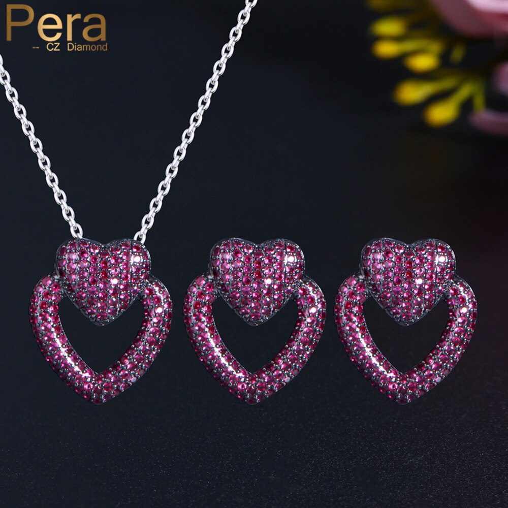 【送料無料】 ピアス ネックレス 黒 ブラック ジルコニア ゴールド ハート LOVE レディース 女性 ロマンチック ダブル Love 形 シェープ フクシア CZ ジルコン カラー ジュエリー セット ベスト 友達 ギフト｜FineJewelrys