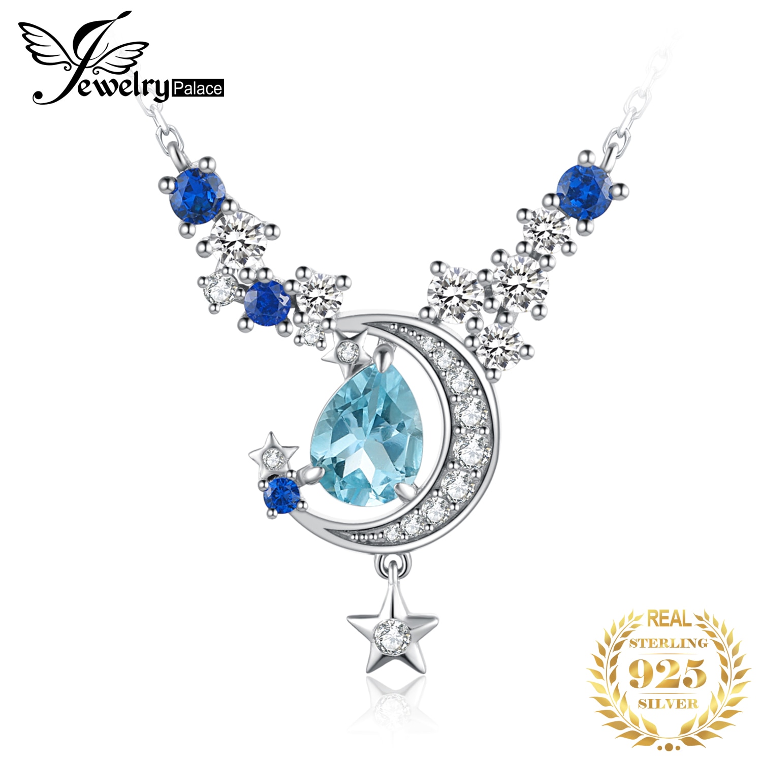 【送料無料】 】 ペンダント ネックレス 青 ブルー シルバー リング 月 星 レディース 女性 新しい ムーン スター 4.5CT 純正 空 スカイ トパーズ サファイア 925 スターリング 45cm