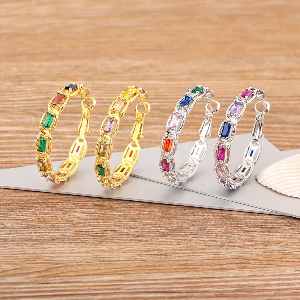 【送料無料】 】 ピアス ゴールド シルバー スクエア サークル フープ レディース 女性 INS 人気 BOHO 大 カラー ボヘミア 四角 ジルコン 耳 イヤー ジュエリー 婚約 ギフト
