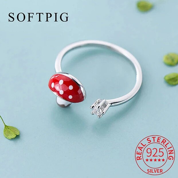 【送料無料】 】 指輪 リング 赤 レッド シルバー プラント 植物 レディース 女性 リアル 925 スター 星リング エナメル キノコ マッシュルーム 調整可能 ファッション パンク ミニマリスト ファイン ジュエリー ビジュー