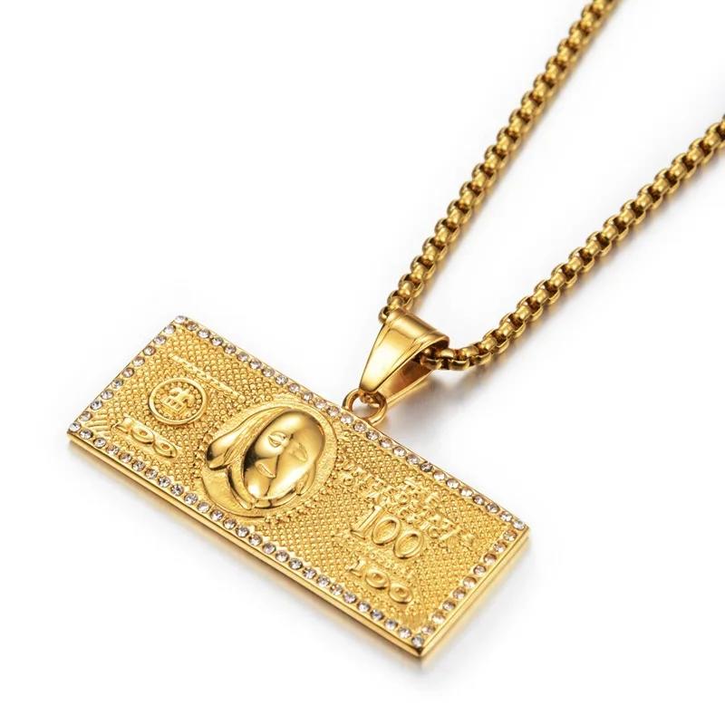 【クーポン利用で9220円】 【クーポン利用で9220円】 ペンダント ネックレス ラインストーン ステンレス ゴールド チェーン メンズ 男性 US ドル マネー お金 スチール カラー ヒップ ホップ キラキラ ジュエリー コリアー