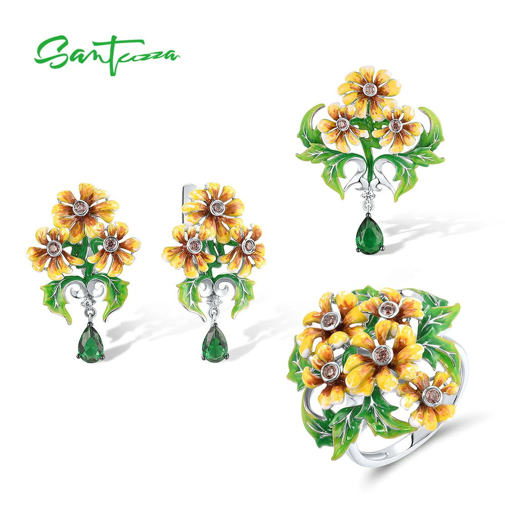 【クーポン利用で43220円】 【クーポン利用で43220円】 ペンダント ピアス 指輪 リング 黄 イエロー 花 フラワー シルバー レディース リアル 925 スターリング ジュエリー セット 絶妙 グリーン 緑 エナメル ファイン