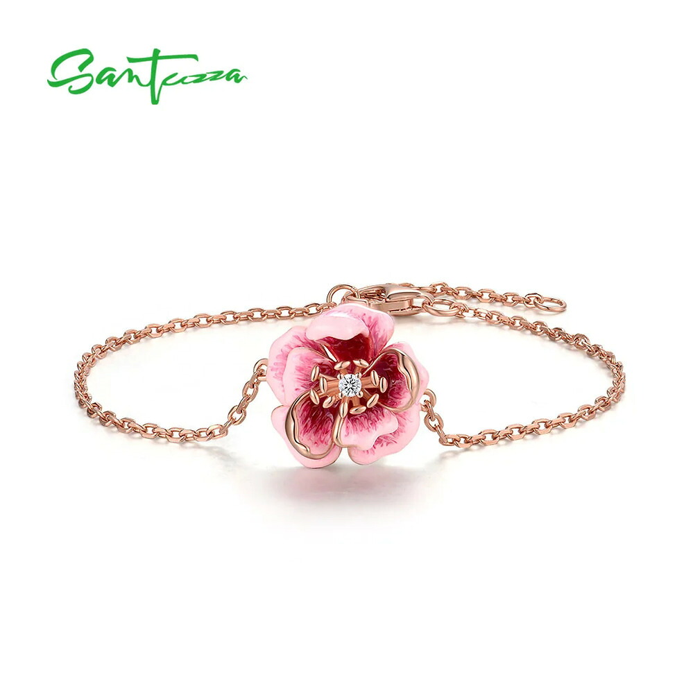 【クーポン利用で12560円】 【クーポン利用で12560円】 ブレスレット 花 フラワー シルバー ピンク リング レディース リアル 925 スターリング 調整可能 エレガント エナメル 結婚式 ウェディング 記念日 ギフト ファイン ジュエリー