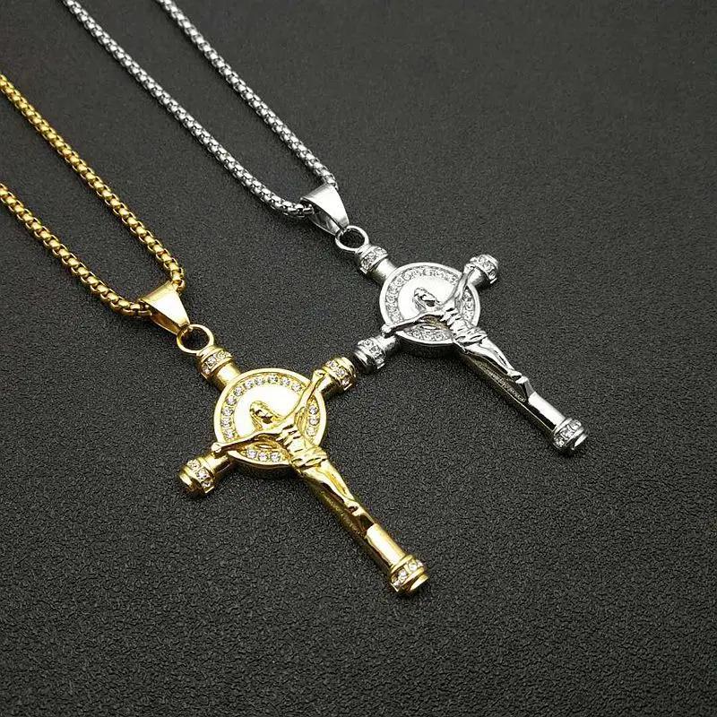 【送料無料】 】 ペンダント ネックレス ラインストーン ステンレス ゴールド チェーン クロス レディース メンズ イエス スチール カラー パヴェ アイスド アウト キラキラ ジュエリー