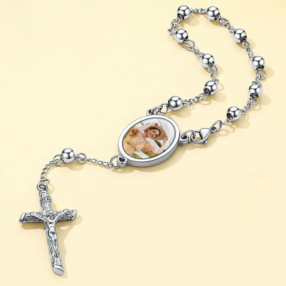 【クーポン利用で9190円】 ブレスレット クロス ビーズ メタル 木の葉 リーフ レディース メンズ カスタム 写真 祈り ロザリオ & 松 木 ツリー 宗教的 カトリック ユニセックス ジュエリー ギフト｜FineJewelrys