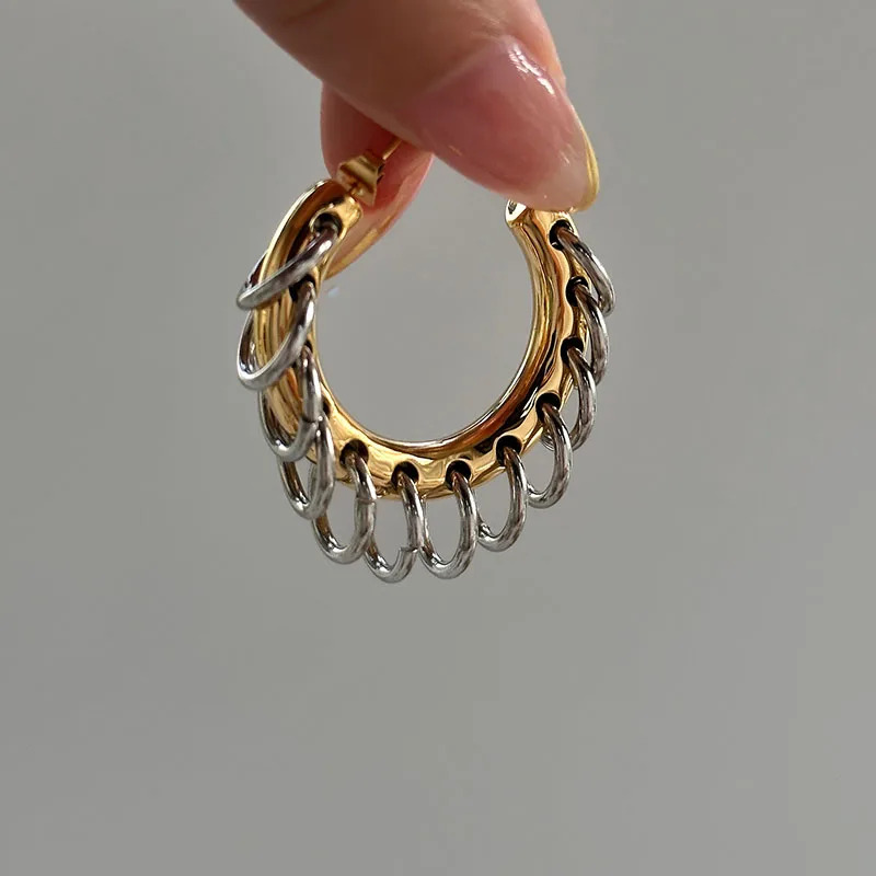 【送料無料】 】 ピアス ステンレス チェーン フープ レディース タッセル スチール パンク クール ダブル トーン ジュエリー 新しい