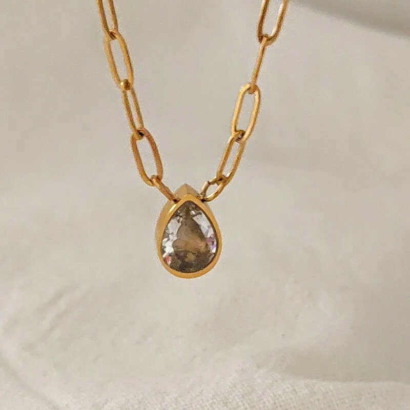 【クーポン利用で5450円】 【クーポン利用で5450円】 ペンダント ネックレス ステンレス ストーン シンプル ドロップ レディース 水滴 ウォータードロップ CZ スチール ミニマリスト デイリー エレガント ジュエリー 防水