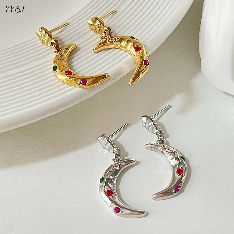 【送料無料】 】 ピアス 緑 グリーン ステンレス 赤 レッド ハンマー ストーン ドロップ 揺れる 月 レディース CZ パヴェ 三日月 ムーン ダングル スチール エスニック ボヘミア ジュエリー
