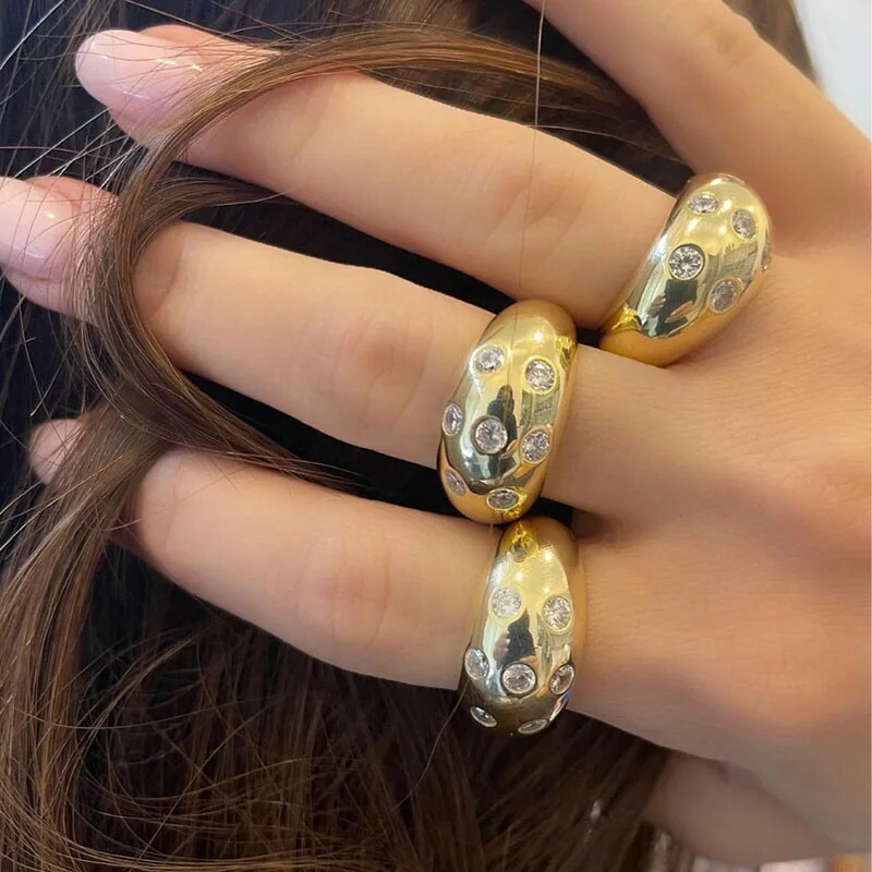 【送料無料】 】 指輪 リング ステンレス ストーン ハート ポール レディース CZ バブル 泡 ドーム 分厚い スチール ボールド パンク ストリートウェア ハードウェア ジュエリー クール スタッフ アイテム