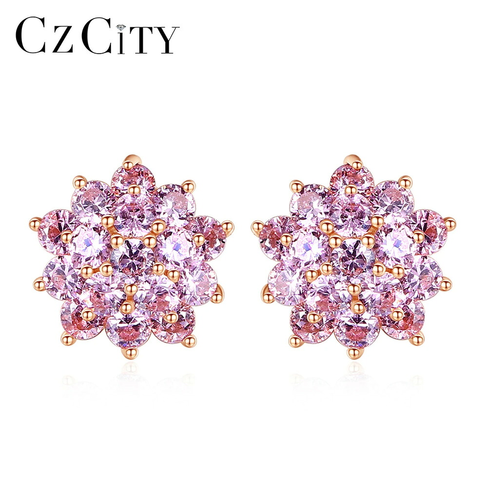 【送料無料】 】 ピアス 花 フラワー シルバー ピンク リング レディース リアル 925 スターリング クラスター スタッド ファイン ジュエリー CZ オリジナル クリスマス ギフト
