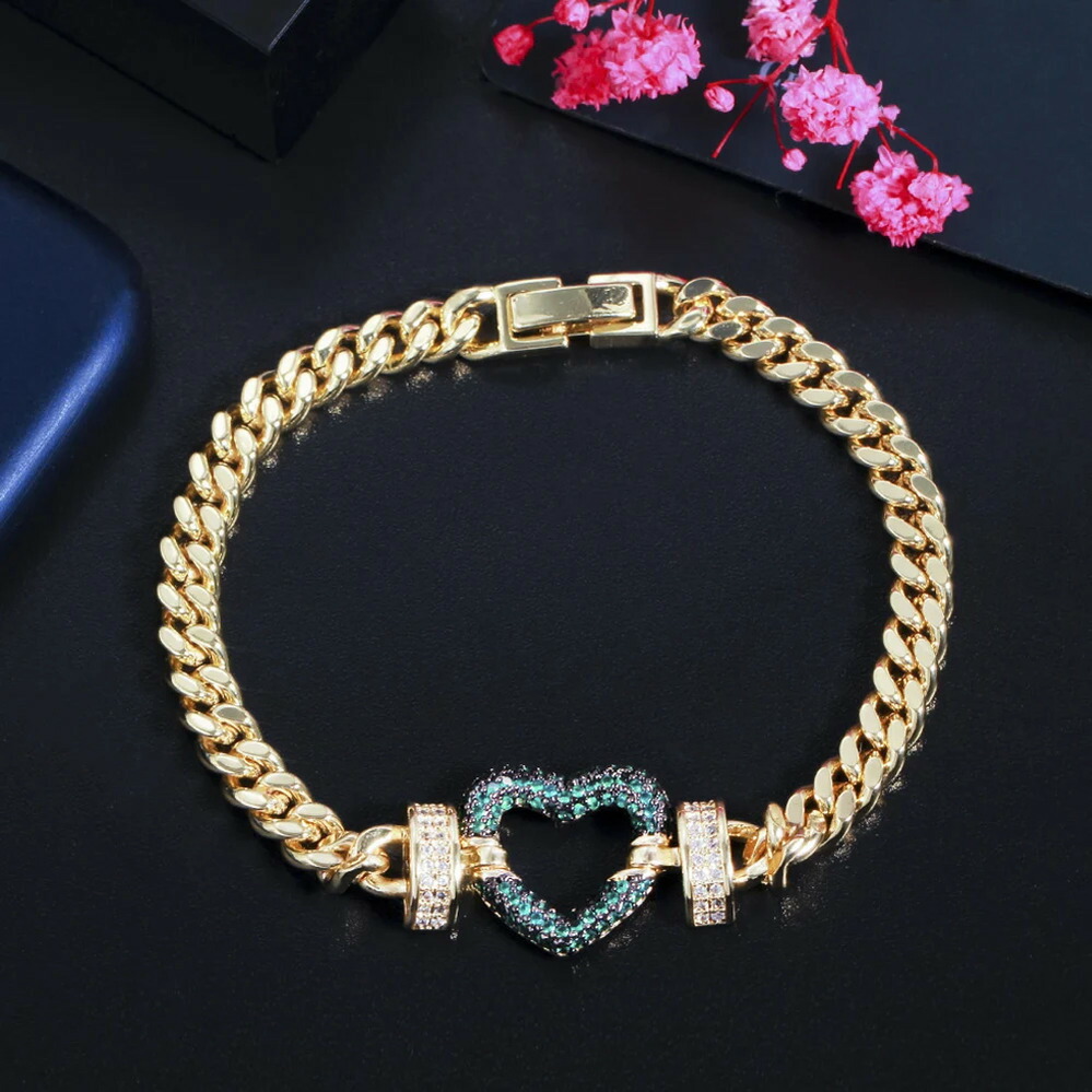 【送料無料】 】 指輪 リング ブレスレット 緑 グリーン クリスタル キューバ ゴールド チェーン ハート LOVE レディース 魅力的 カラー Love リンク CZ ヒップ ホップ ファッション ジュエリー BR