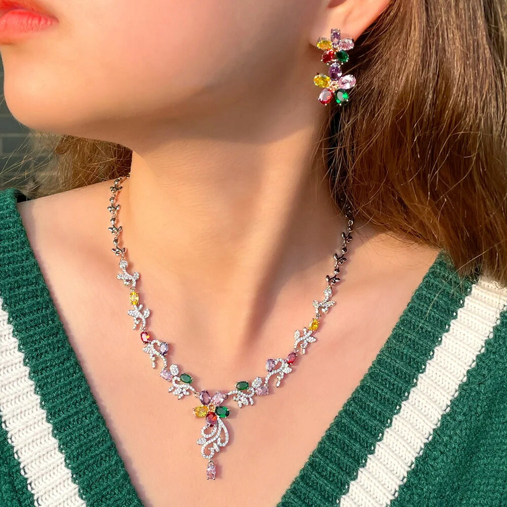 【クーポン利用で10420円】 ピアス ネックレス 花 フラワー ジルコニア ブライダル ピック レディース 繊細 カラフル キュービック ジルコン エレガント 結婚式 ウェディング パーティ ジュエリー セット TZ|FineJewelrys