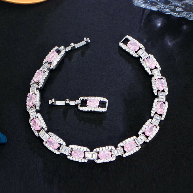 【クーポン利用で7090円】 【クーポン利用で7090円】 指輪 リング ブレスレット ジルコニア シルバー チェーン ピンク ピック レディース ハイ 品質 キュービック ジルコン カラー リンク 新しい トレンド パーティ コスチューム ジュエリー BR