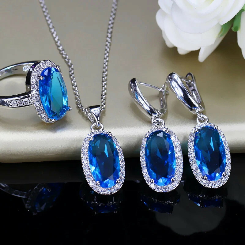 【送料無料】 】 ピアス 指輪 リング ネックレス 白 ホワイト ジルコニア 青 ブルー ゴールド オバール ピック レディース トレンド ライト キュービック ジルコン カラー セット シック デイリー ジュエリー JS