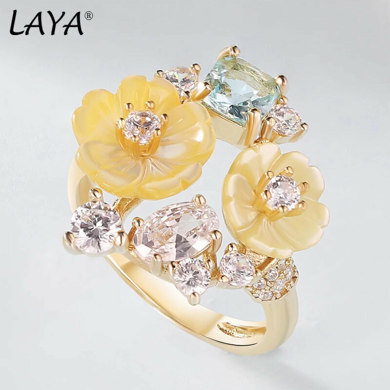 【送料無料】 】 指輪 リング 黄 イエロー 花 フラワー ジルコニア シルバー シェル レディース ハイ 品質 ジルコン ナチュラル 貝殻 925 スターリング ファッション ジュエリー トレンド