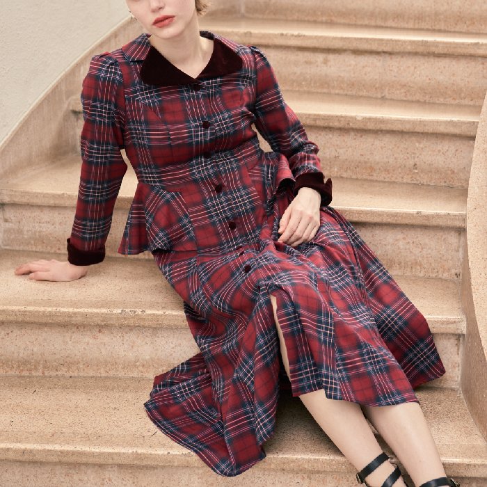 【SALE】レディース ワンピース 別珍 ラペル ペプラム 長袖 チェック ワンピース / クラシカル 上品 きれいめ an another angelus アンアナザーアンジェラス [55BE02j002]