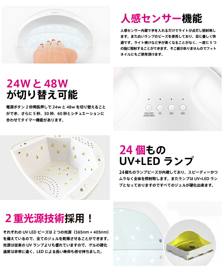 楽天市場 送料無料 ジェルネイル クラフトレジン 48w Uv Ledライト 2in1 人感センサー付 Uv Led兼用 ネイルドライヤー Uvライト ジェルネイル スターター Ledランプ Uvライト レジン Uvクラフトレジン レジン液 ネイルキット Shanti Fiorello