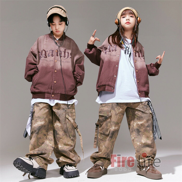 ヒップホップ キッズダンス衣装 派手 ベースボールジャケット カーゴパンツ 野球服 韓国風 HIPHOP グラデーション 男の子 女の子 K-POP ジャズダンス 個性的 ステージ衣装 練習着 演出服 韓国 原宿 迷彩 K-POP 110～180cm 送料無料
