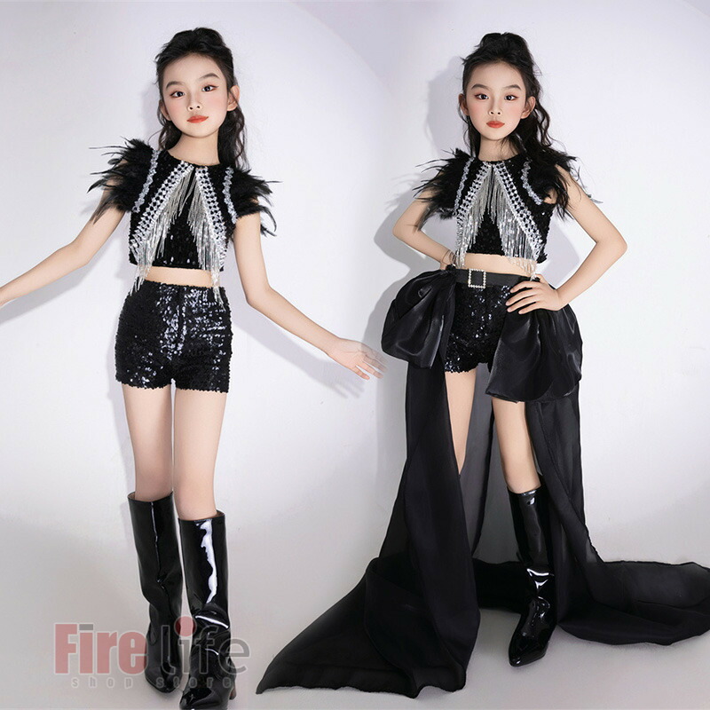 キッズダンス衣装 チアガール 演出服 ジャズ ブラック スパンコール ガールズ スカート トレイル パンツ セットアップ モデル T台 ランウェイ 黒 団体服 可愛い おしゃれ テーマ撮影 フォトスタジオ k-pop 舞台 ステージ衣装 110-160cm