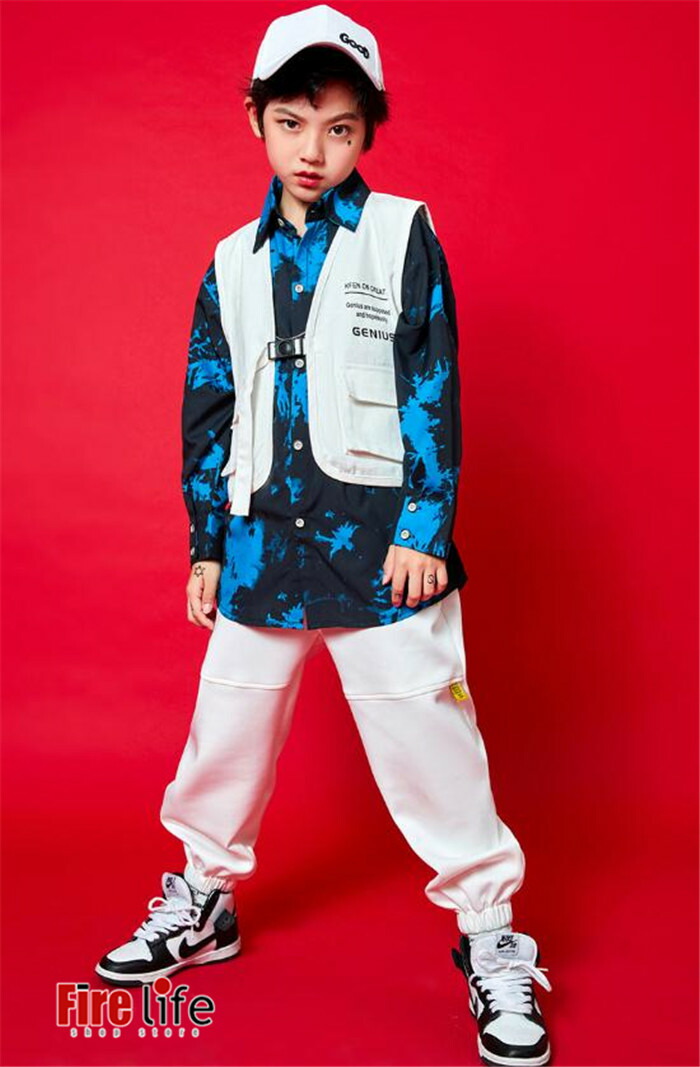 市場 子供ダンス衣装 ジャズ 派手 ホワイト タイダイ柄 ダンスウェア シャツ hiphop ベスト