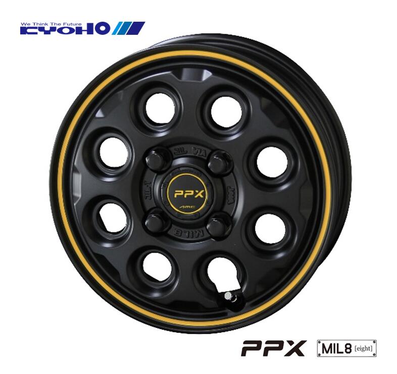ハスラー キャストアクティバ 15×4.5J インセット +45 4H-100 15インチ 共豊 PPX MIL8 セミグロスブラック/イエローライン マッドスター ラジアル M/T　165/65R15
