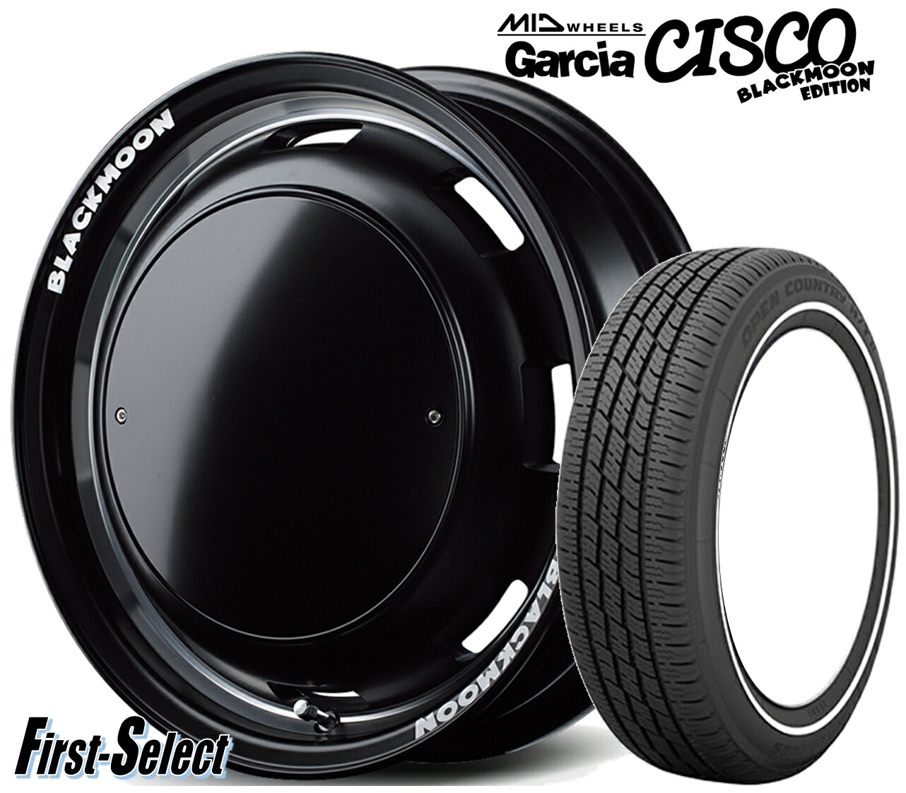 軽自動車全般 ハイゼット 軽トラ 軽バン ネオクラ系Garcia CISCO BLACKMOON EDITION14inch 4.5J +45 4H100 TOYO オープンカントリーH/T2155/65R14ホワイトリボンタイヤ｜ファーストセレクト