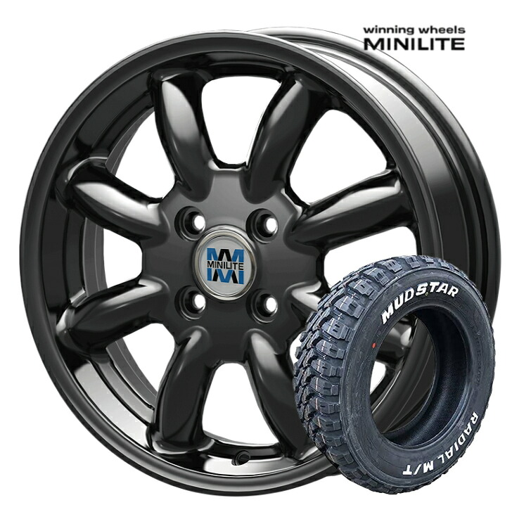 15&times;4.5J インセット +45 4-100 ホイール 4本MINILITE ミニライト KIT KOSEI ブラック 黒165/60R15 77S マッドスター ラジアル M/Tハスラー キャストアクティバ ハイゼット｜ファーストセレクト