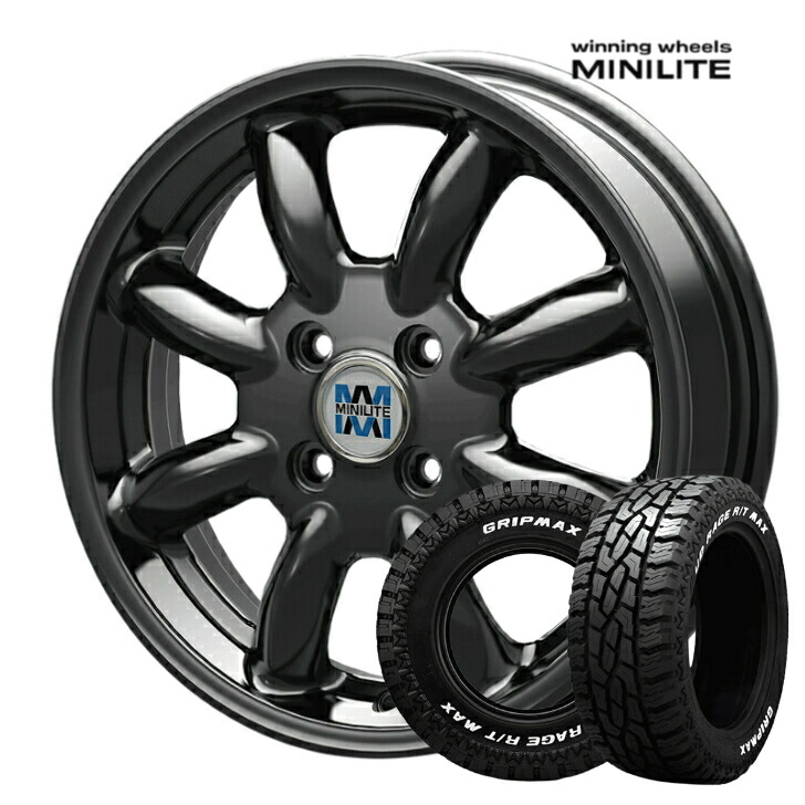 14&times;4.5J インセット +45 4-100 ホイール 4本MINILITE ミニライト KIT KOSEI ブラック 黒グリップマックス マッドレイジ R/T 165R14 ハイゼット N-VAN 軽トラ 軽バン アゲ ゴツゴツ｜ファーストセレクト