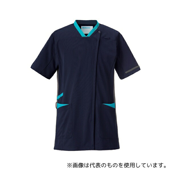 KAZEN 998-49 スクラブジャケット半袖男女兼 ネイビー×ターコイズ×グレー 3L