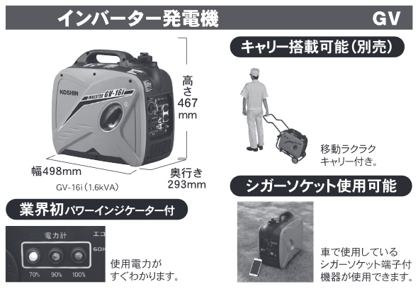 工進 KOSHIN GV-16i インバーター発電機 DIY・工具 | dermascope.com