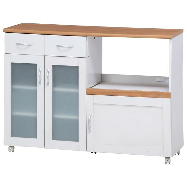 不二貿易 99523 キッチンカウンター サージュ WH×NA 120幅(96820) カウンターテーブル 食器棚 レンジ台 キッチン収納 ガラス扉 シンプル ホワイト 白 ナチュラル