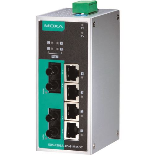 ■MOXA 6ポート(RJ45 PoE×4、マルチモードSTコネクタ×2) アンマネージド イーサネットスイッチ ワイド温度モデル EDSP206A4POEMMSTT(1685238)[送料別途お見積り][法人限定][掲外取寄]