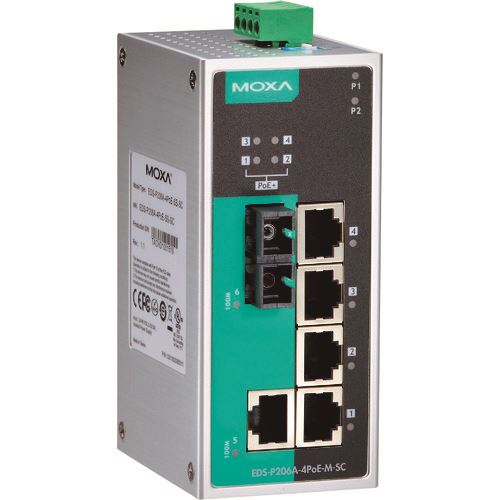 ■MOXA 6ポート(RJ45 PoE×4、RJ45×1、マルチモードSCコネクタ×1) アンマネージド イーサネットスイッチ ワイド温度モデル EDSP206A4POEMSCT(1685443)[送料別途お見積り][法人限定][掲外取寄]