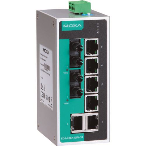 ■MOXA 8ポート(RJ45&times;6、マルチモードSTコネクタ&times;2) アンマネージド イーサネットスイッチ EDS208AMMST(1688094)[送料別途お見積り][法人限定][掲外取寄]｜セミプロＤＩＹ店ファースト
