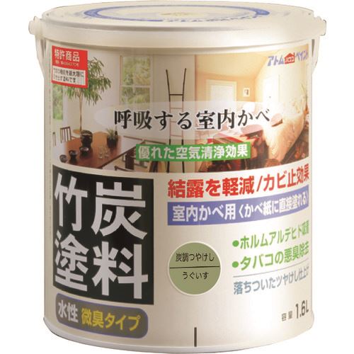 ■アトムペイント 水性竹炭塗料 1.6L 炭調うぐいす 0000112874(2035376)&times;4[送料別途お見積り][法人限定][外直送]｜セミプロＤＩＹ店ファースト
