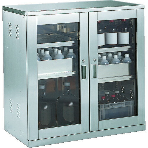 ■TRUSCO 耐震薬品庫 ガラス両開型 棚スライド式 900X500XH900 SW(5055580)[送料別途お見積り][法人限定]