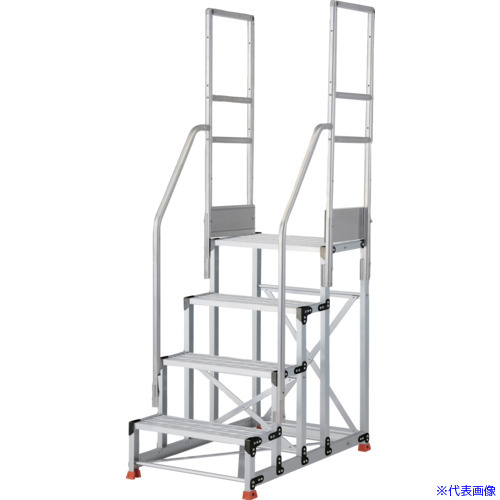 ■TRUSCO アルミ製作業用踏台 グレーチングタイプ 4段 高さ1.2m 天板寸法600×400 段高300mm 階段両手すり付き TSFGR4612TR300(5517283)[送料別途お見積り][法人限定][メーカー取寄]