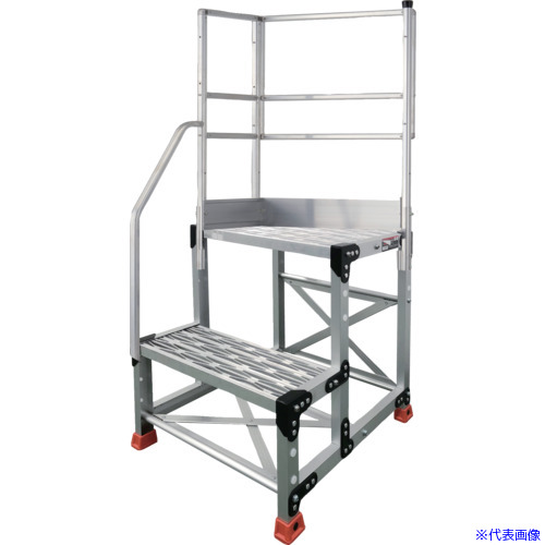 ■TRUSCO アルミ製作業用踏台 グレーチングタイプ 2段 高さ0.6m 天板寸法600×400 段高300mm 階段片手すり天場二方付き TSFGR266TKL300(5520085)