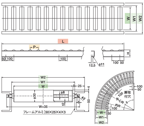 寺内製作所 スチール ローラーコンベヤ ストレート LS25-P50×600W