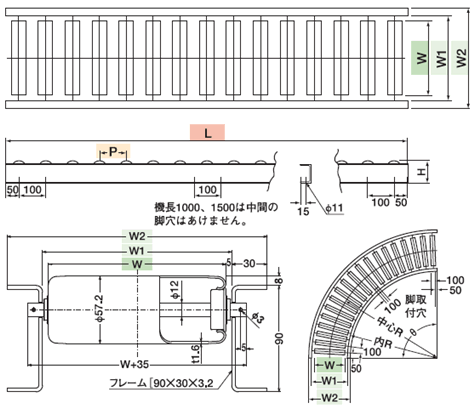 寺内製作所 スチール ローラーコンベヤ ストレート S6023-P75×100W