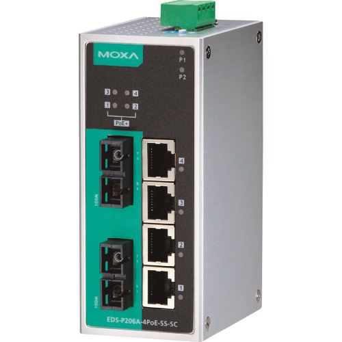 ■MOXA 6ポート(RJ45 PoE×4、シングルモードSCコネクタ×2) アンマネージド イーサネットスイッチ ワイド温度モデル EDSP206A4POESSSCT(1685258)[送料別途お見積り][法人限定][掲外取寄]
