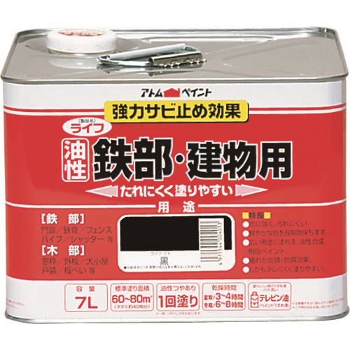 ■アトムペイント 油性鉄部・木部用 ライフ 7L 黒 0000100425(2025664)[送料別途お見積り][法人限定][外直送]