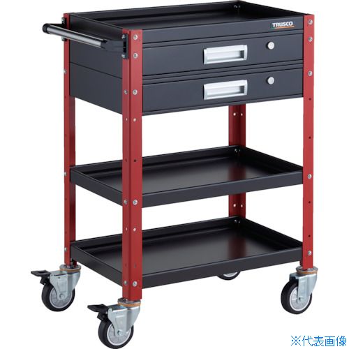 ■TRUSCO ツールワゴン バーディワゴン 600X400 引出2段付 ウレタン車輪 ブラック/レッド BDW963V2UBKR(3268133)｜ファーストFACTORY