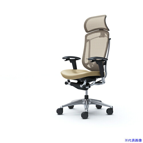 ■OKAMURA コンテッサセコンダ可動肘 背メッシュ座革 大型ヘッド5本脚 ポリッシュ ブラック ランバー付ハンガー無 張地色ベージュ CC87BSFPT7(4261420)[送料別途お見積り][法人限定][外直送]
