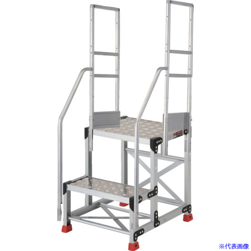 ■TRUSCO アルミ製作業用踏台 縞板タイプ 2段 高さ0.6m 天板寸法600×400 段高300mm 階段両手すり付き TSFC266TR300(5517232)