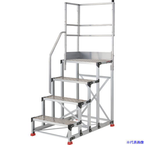 ■TRUSCO アルミ製作業用踏台 縞板タイプ 4段 高さ1.0m 天板寸法600×400 段高250mm 階段片手すり天場二方付き TSFC4610TKL250(5517292)