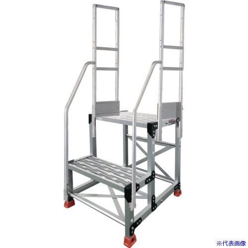 ■TRUSCO アルミ製作業用踏台 グレーチングタイプ 2段 高さ0.6m 天板寸法600×400 段高300mm 階段両手すり付き TSFGR266TR300(5520064)|ファーストFACTORY